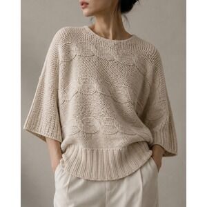 Bebe Womens Ivory Gold Metallic Cable Knit Wool Sweater Boat Neck Large